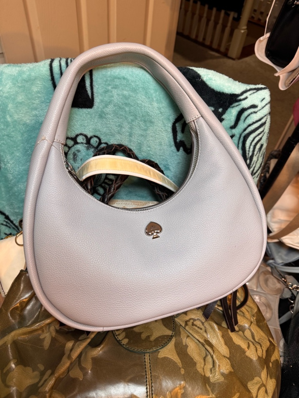 kate spade Kayla Pebbled Leather crescent Hobo Bag in Light Gray-Lavender